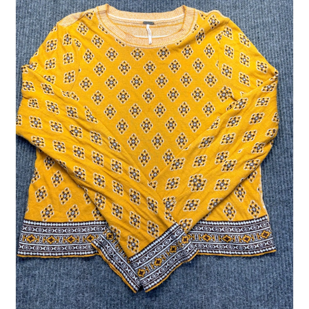 Free People Mustard Yellow Medallion Print Striped Back Knit Top Large